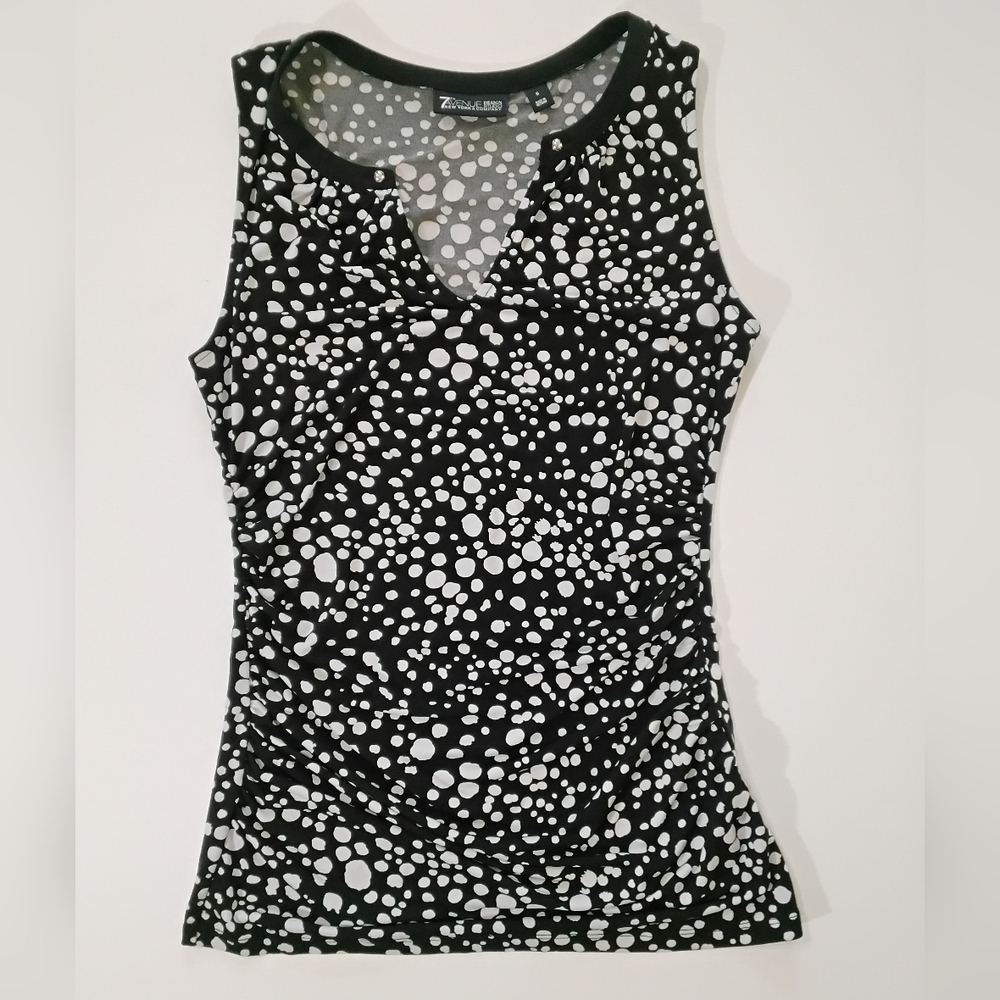 New York & Co Blouse Womens Small Black White Dots Ruched Fit & Flare Office Top